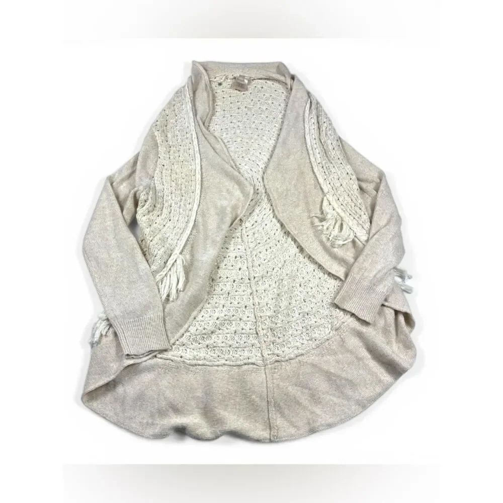 Anthropologie Knitted Knotted Cardigan Beige Crochet Layering Boho Sweater M
